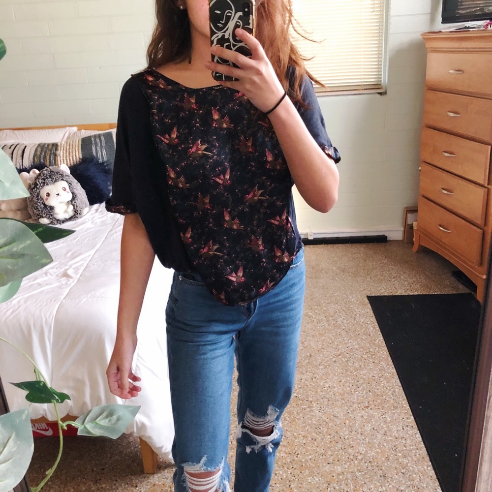 Anthropologie Black and Pink Floral Top